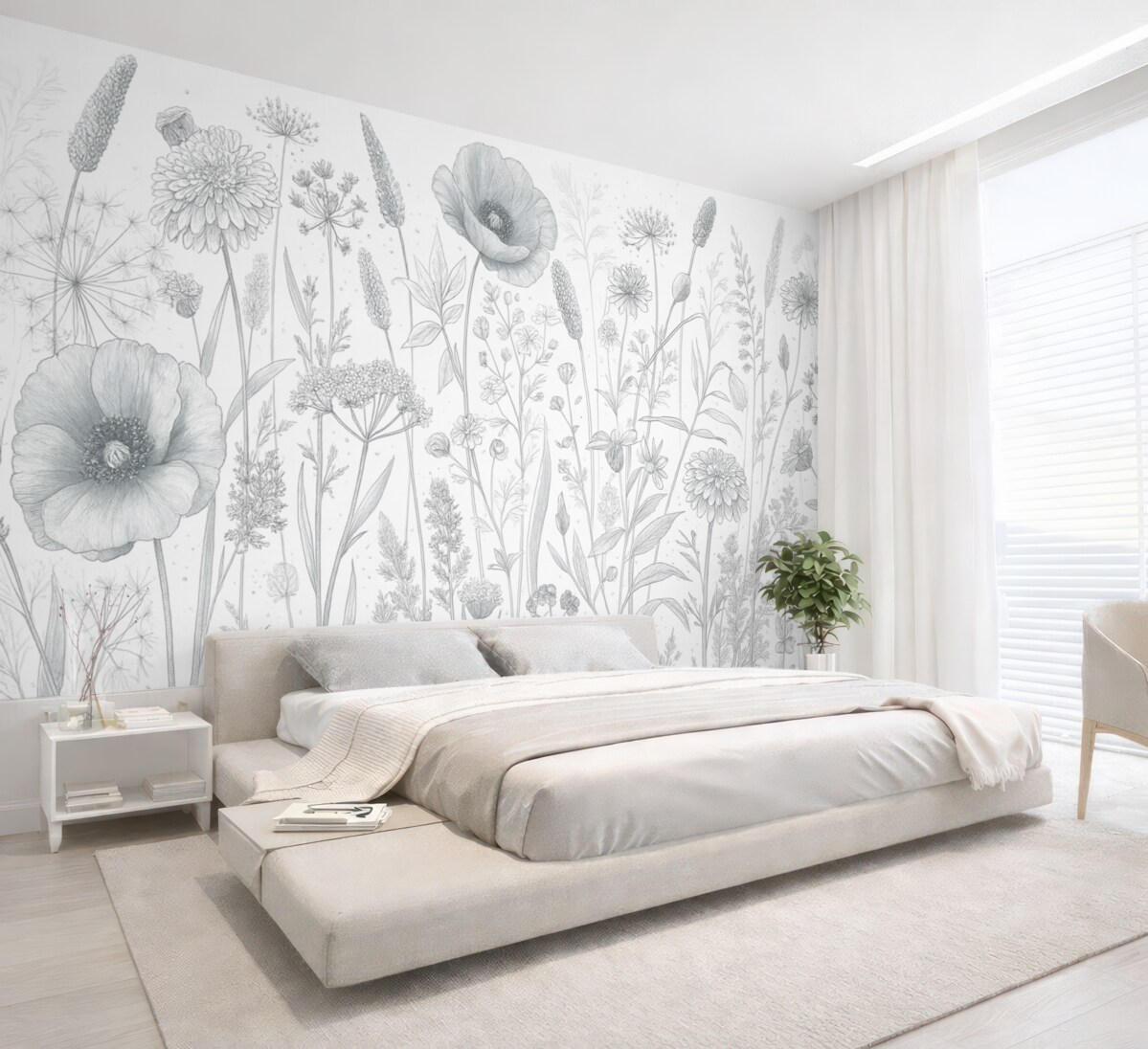 Fototapeta Łąka pełna wysokich roślin kwiatowych i trawy w jasnoniebieskich, pastelowych kolorach na białym tle.