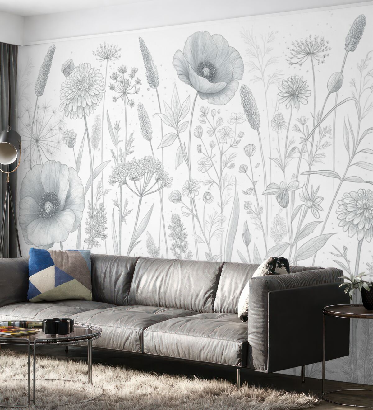 Fototapeta Łąka pełna wysokich roślin kwiatowych i trawy w jasnoniebieskich, pastelowych kolorach na białym tle.