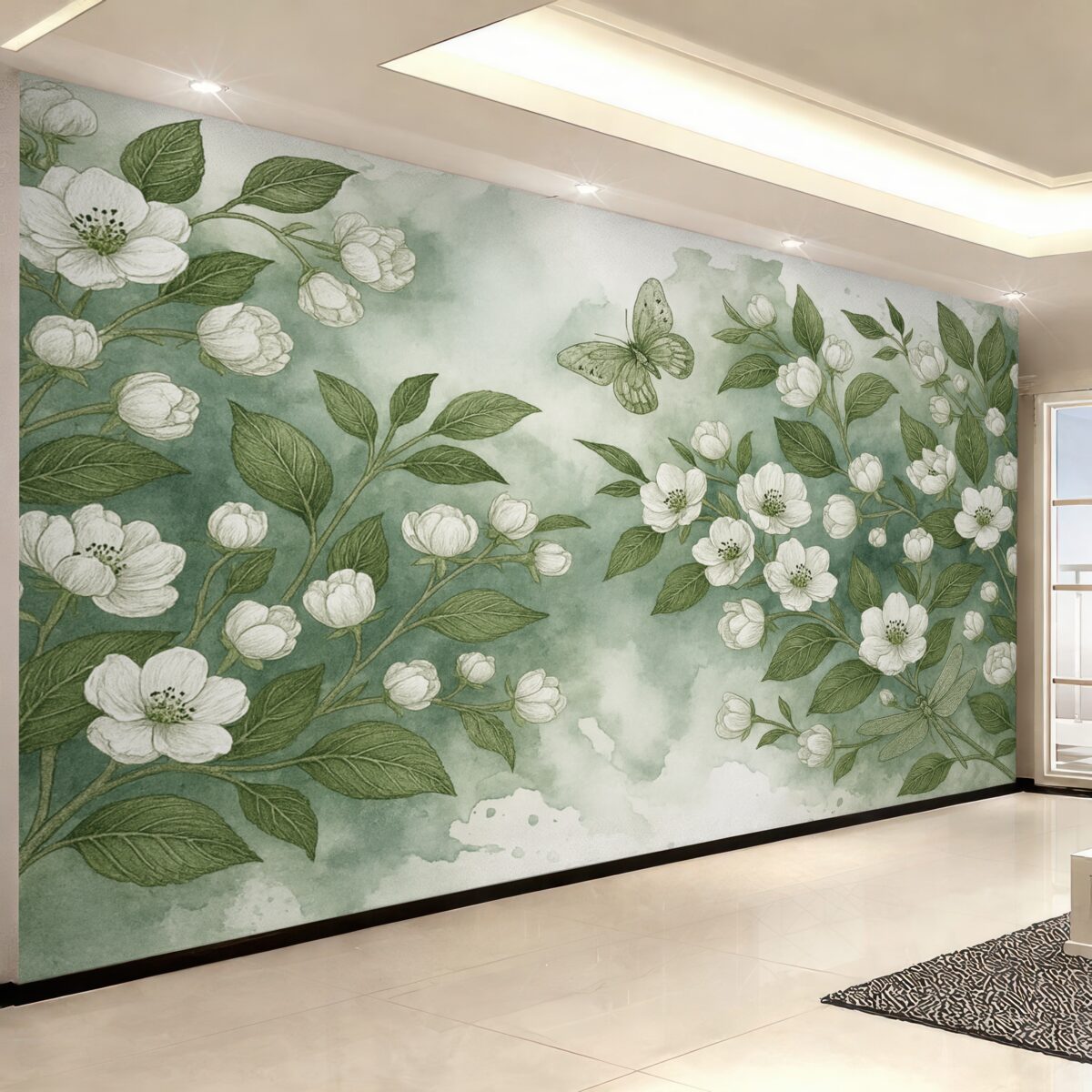 Fototapeta Gałąź kwitnącej wiśni z kwiatami, liśćmi i motylami na jasnozielonym akwarelowym tle o teksturze.