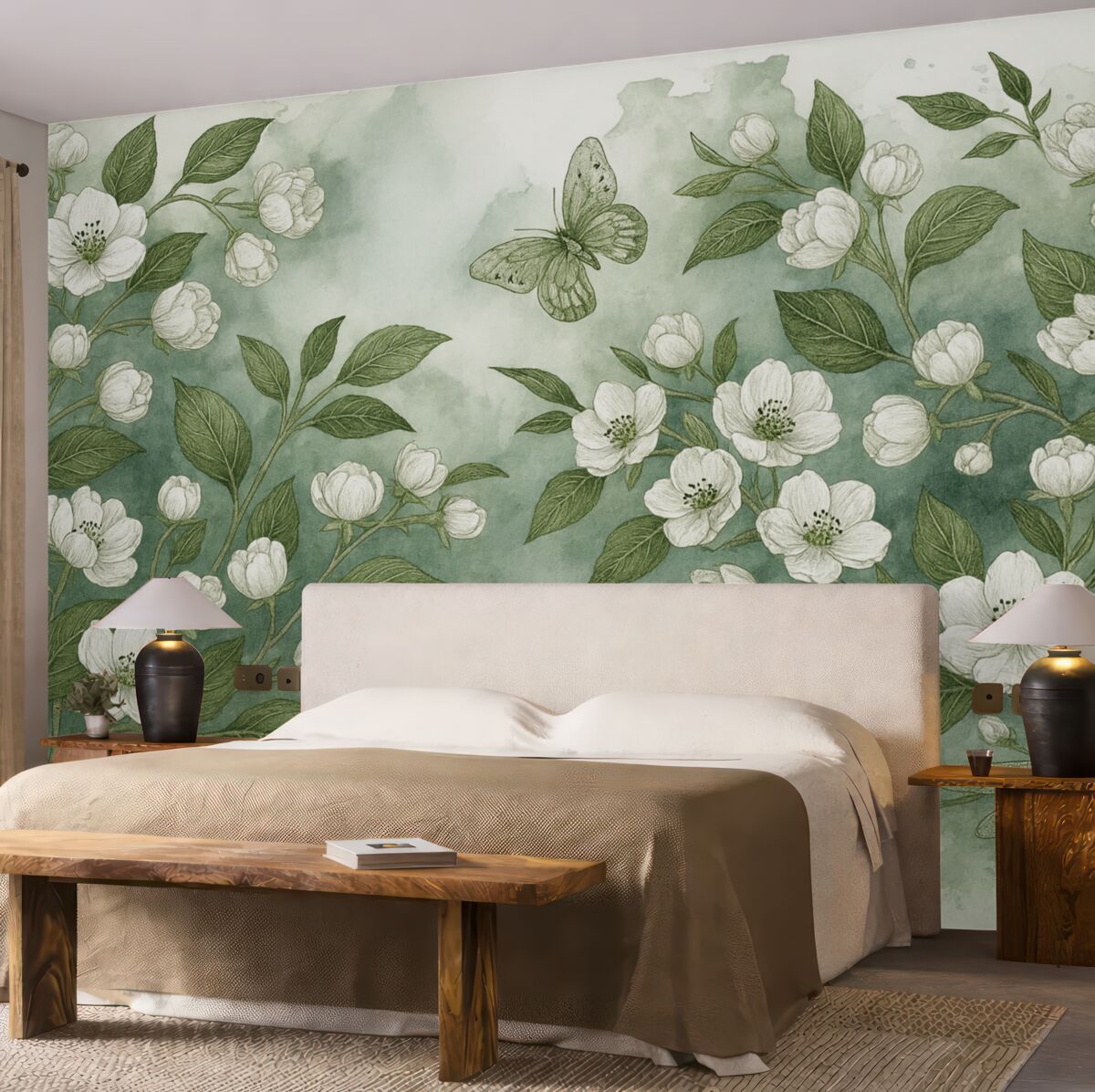 Fototapeta Gałąź kwitnącej wiśni z kwiatami, liśćmi i motylami na jasnozielonym akwarelowym tle o teksturze.