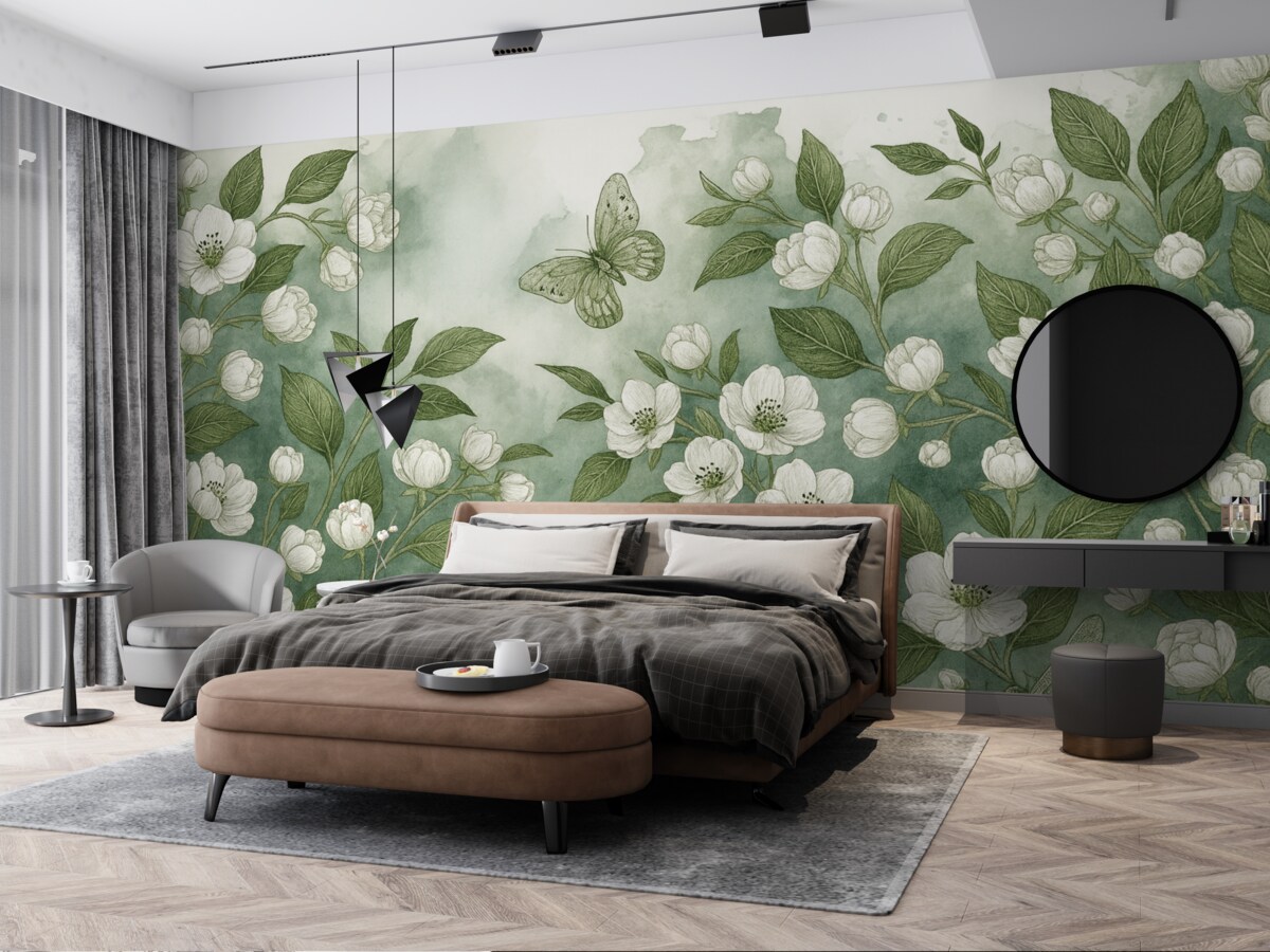 Fototapeta Gałąź kwitnącej wiśni z kwiatami, liśćmi i motylami na jasnozielonym akwarelowym tle o teksturze.