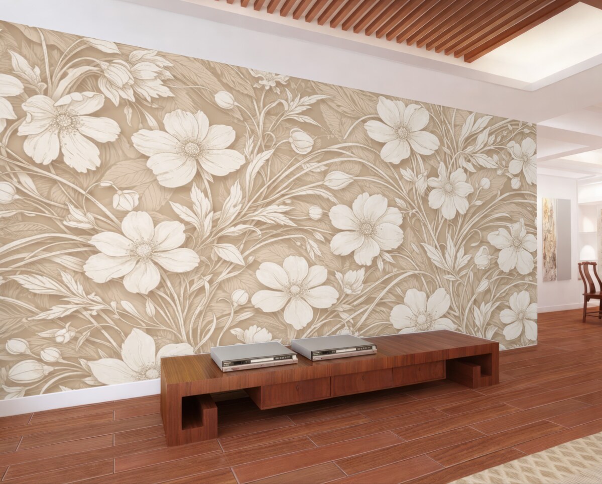 Fototapeta Subtelny minimalistyczny wzór białych kwiatów i liści na jasnobeżowym tle.