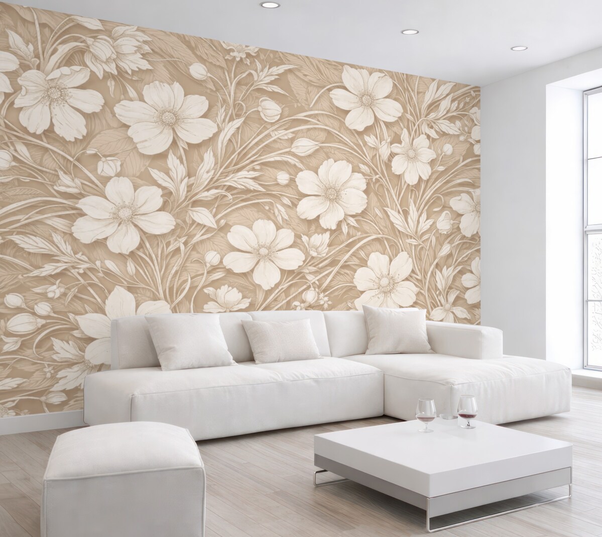 Fototapeta Subtelny minimalistyczny wzór białych kwiatów i liści na jasnobeżowym tle.