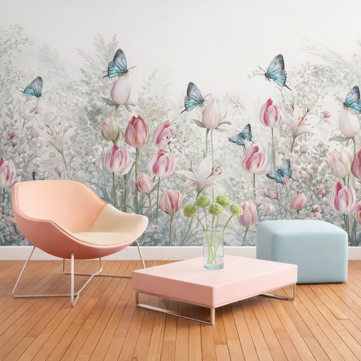 Fototapeta Pastelowy wzór z tulipanami, trawą i latającymi motylami w ogrodzie.
