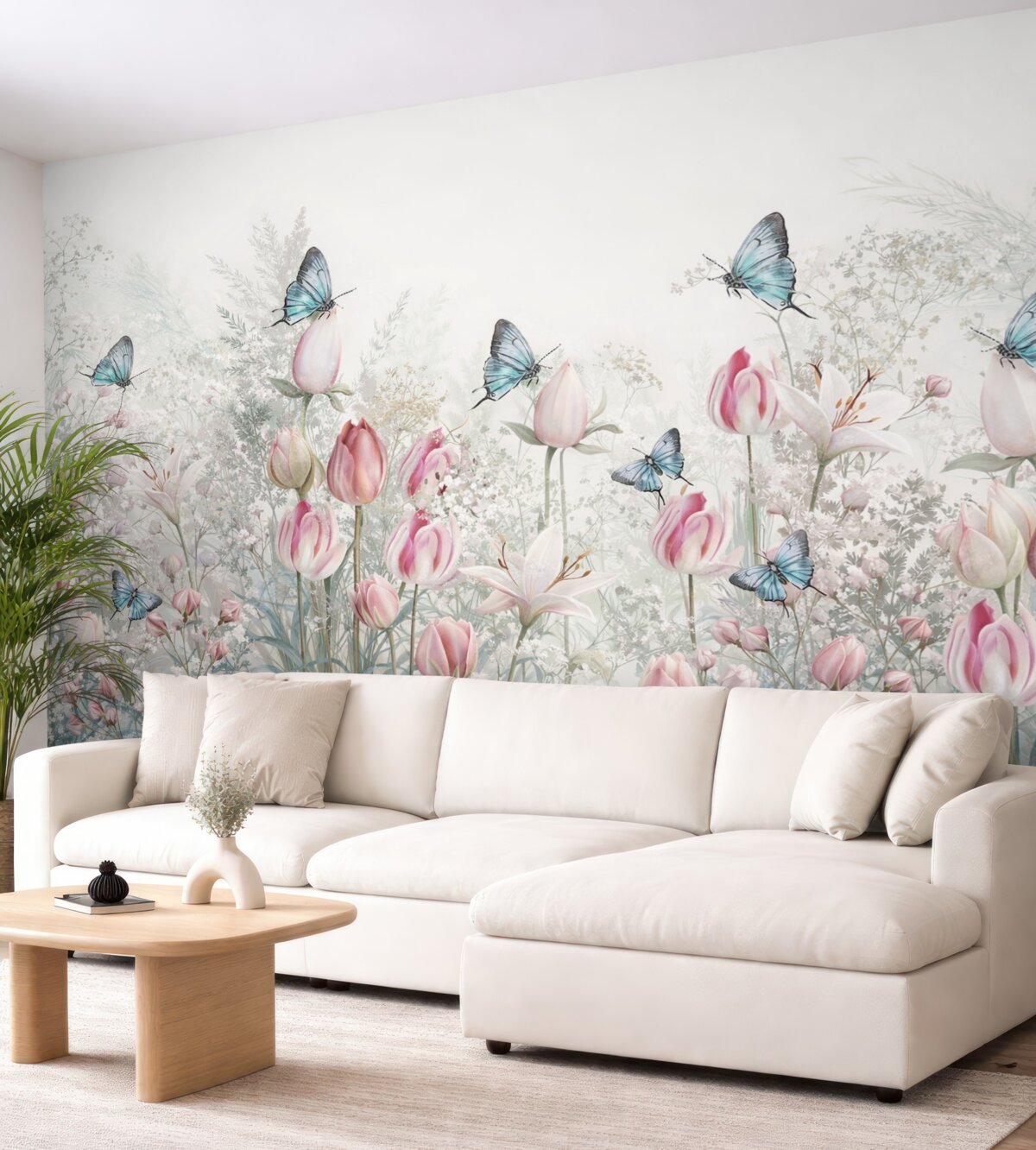 Fototapeta Pastelowy wzór z tulipanami, trawą i latającymi motylami w ogrodzie.