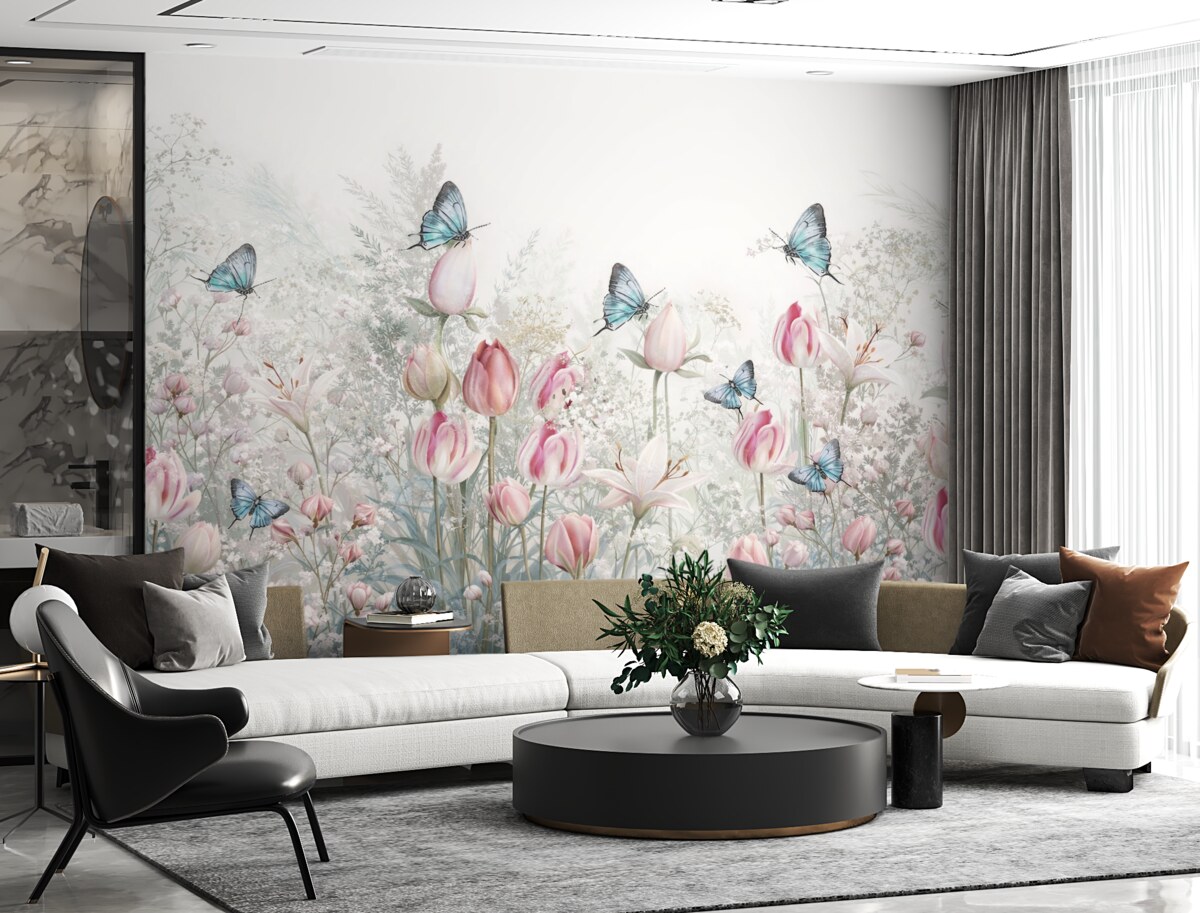 Fototapeta Pastelowy wzór z tulipanami, trawą i latającymi motylami w ogrodzie.