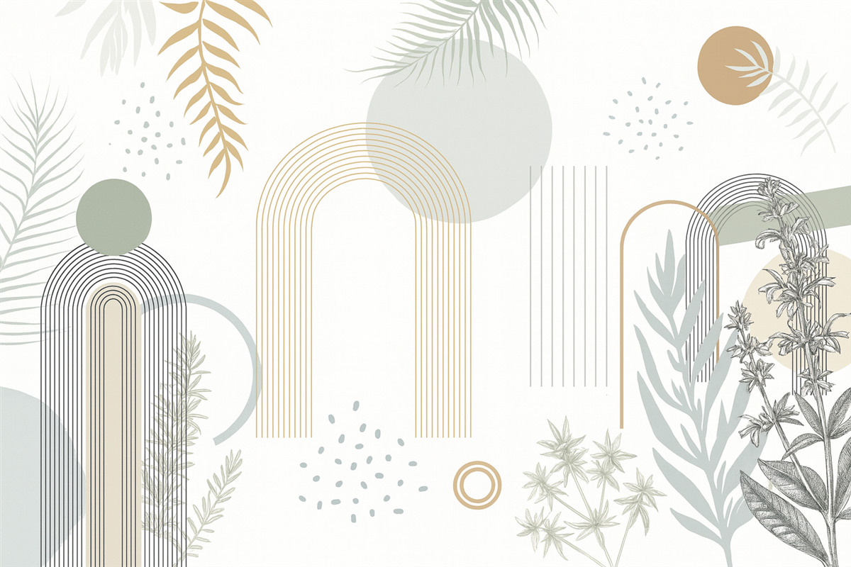 Fototapeta Abstrakcyjny wzór z geometrycznymi figurami, łukami i tropikalnymi liśćmi na jasnym tle.