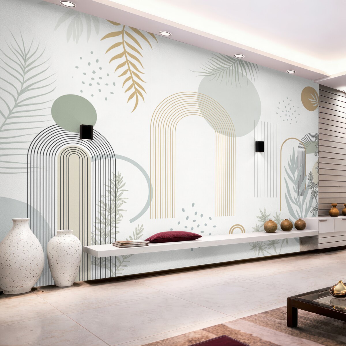 Fototapeta Abstrakcyjny wzór z geometrycznymi figurami, łukami i tropikalnymi liśćmi na jasnym tle.