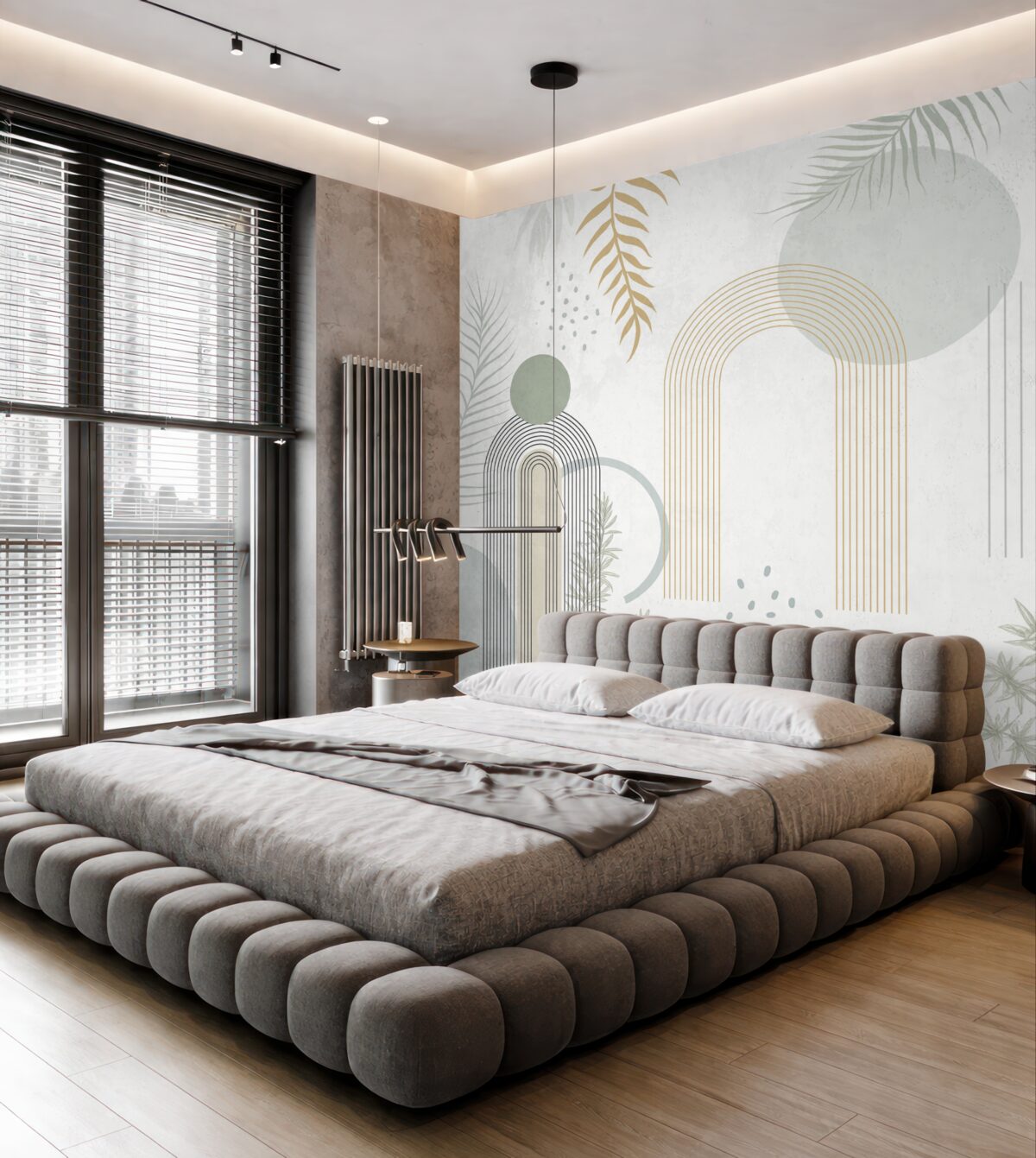 Fototapeta Abstrakcyjny wzór z geometrycznymi figurami, łukami i tropikalnymi liśćmi na jasnym tle.