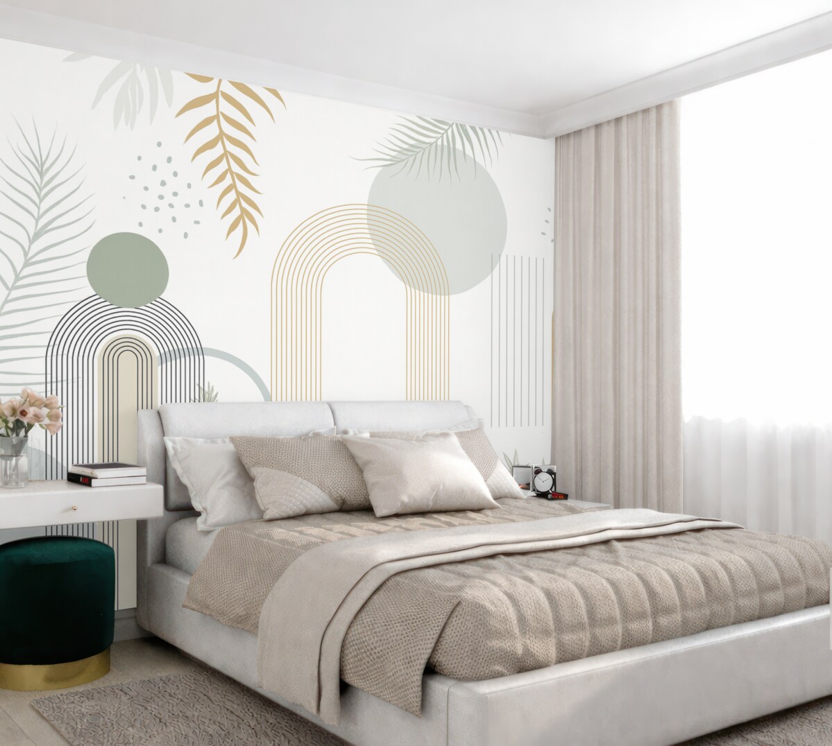 Fototapeta Abstrakcyjny wzór z geometrycznymi figurami, łukami i tropikalnymi liśćmi na jasnym tle.