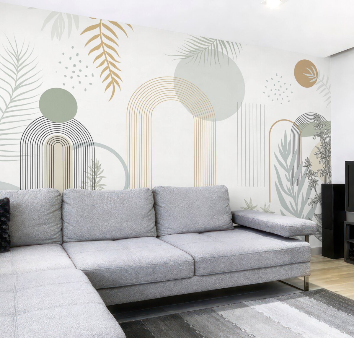 Fototapeta Abstrakcyjny wzór z geometrycznymi figurami, łukami i tropikalnymi liśćmi na jasnym tle.