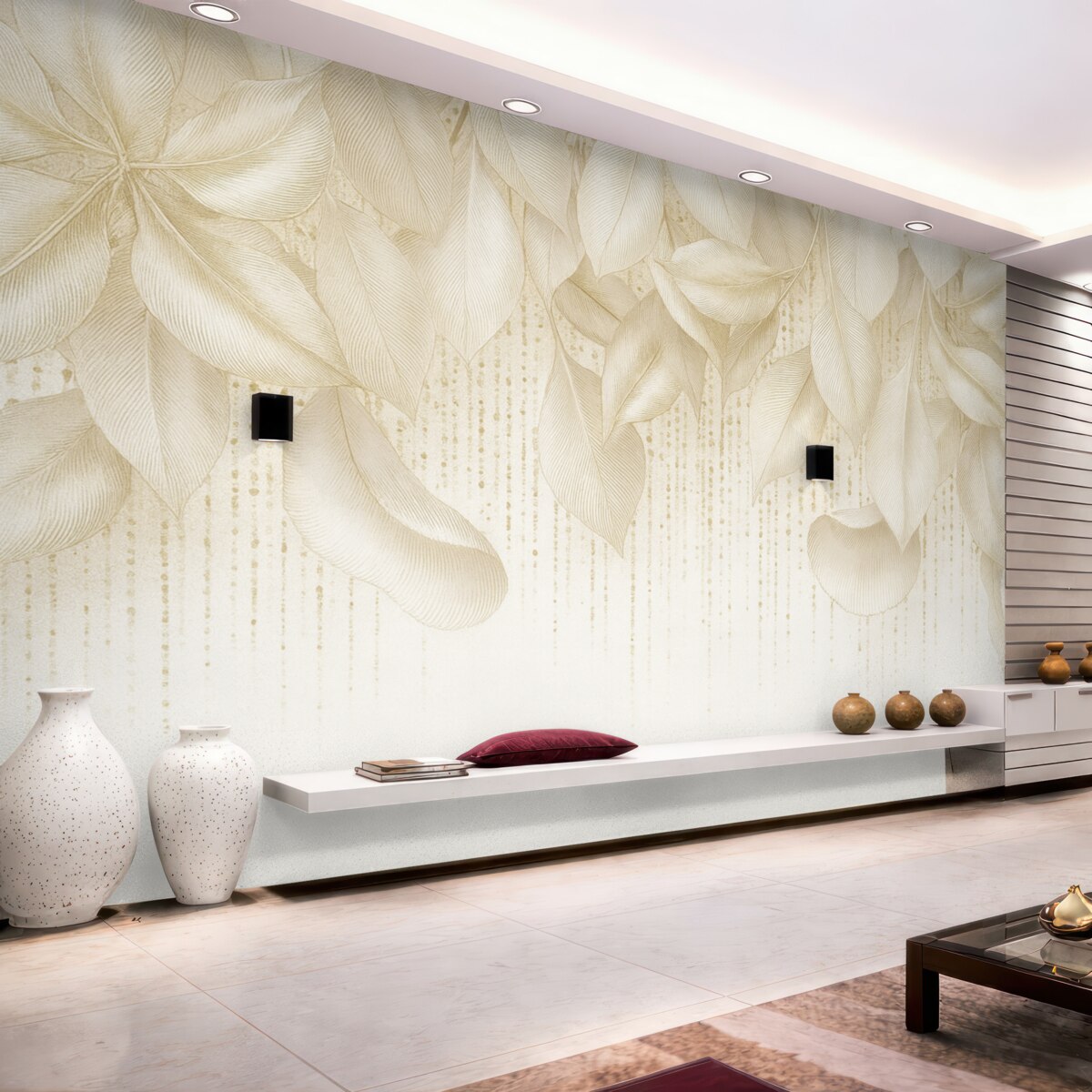 Fototapeta Białe, dokładne tropikalne liście oraz żółte plamki na białym tle.