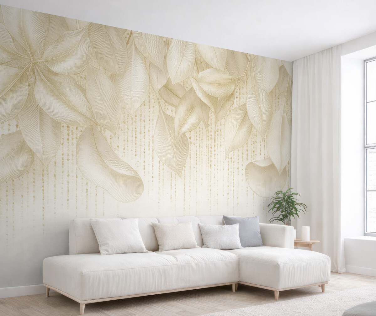 Fototapeta Białe, dokładne tropikalne liście oraz żółte plamki na białym tle.