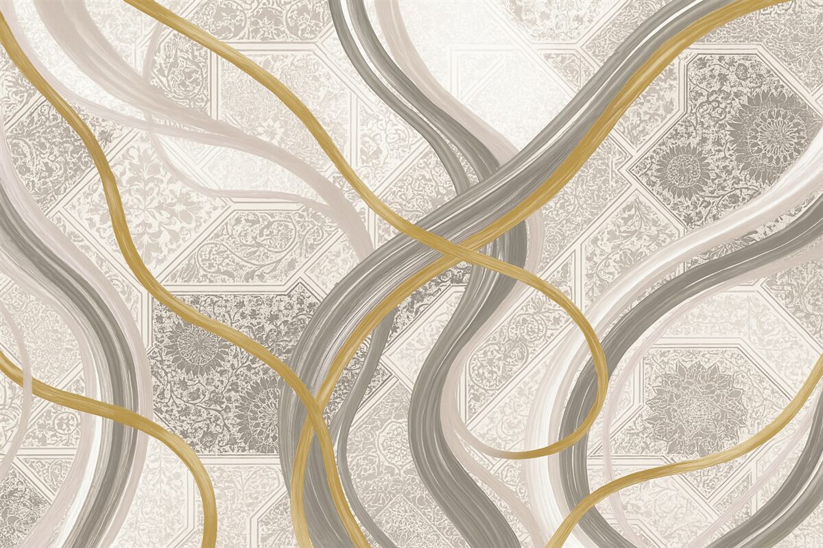 Fototapeta Abstrakcyjny obrazek z geometrycznymi motywami oraz krzywymi liniami w odcieniach beżu, szarości i żółci.