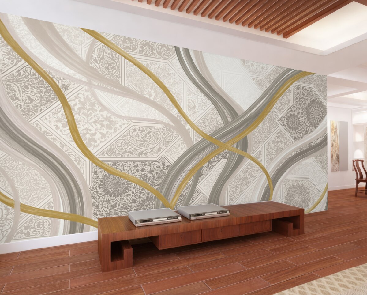 Fototapeta Abstrakcyjny obrazek z geometrycznymi motywami oraz krzywymi liniami w odcieniach beżu, szarości i żółci.