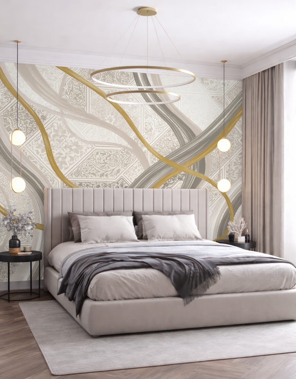 Fototapeta Abstrakcyjny obrazek z geometrycznymi motywami oraz krzywymi liniami w odcieniach beżu, szarości i żółci.