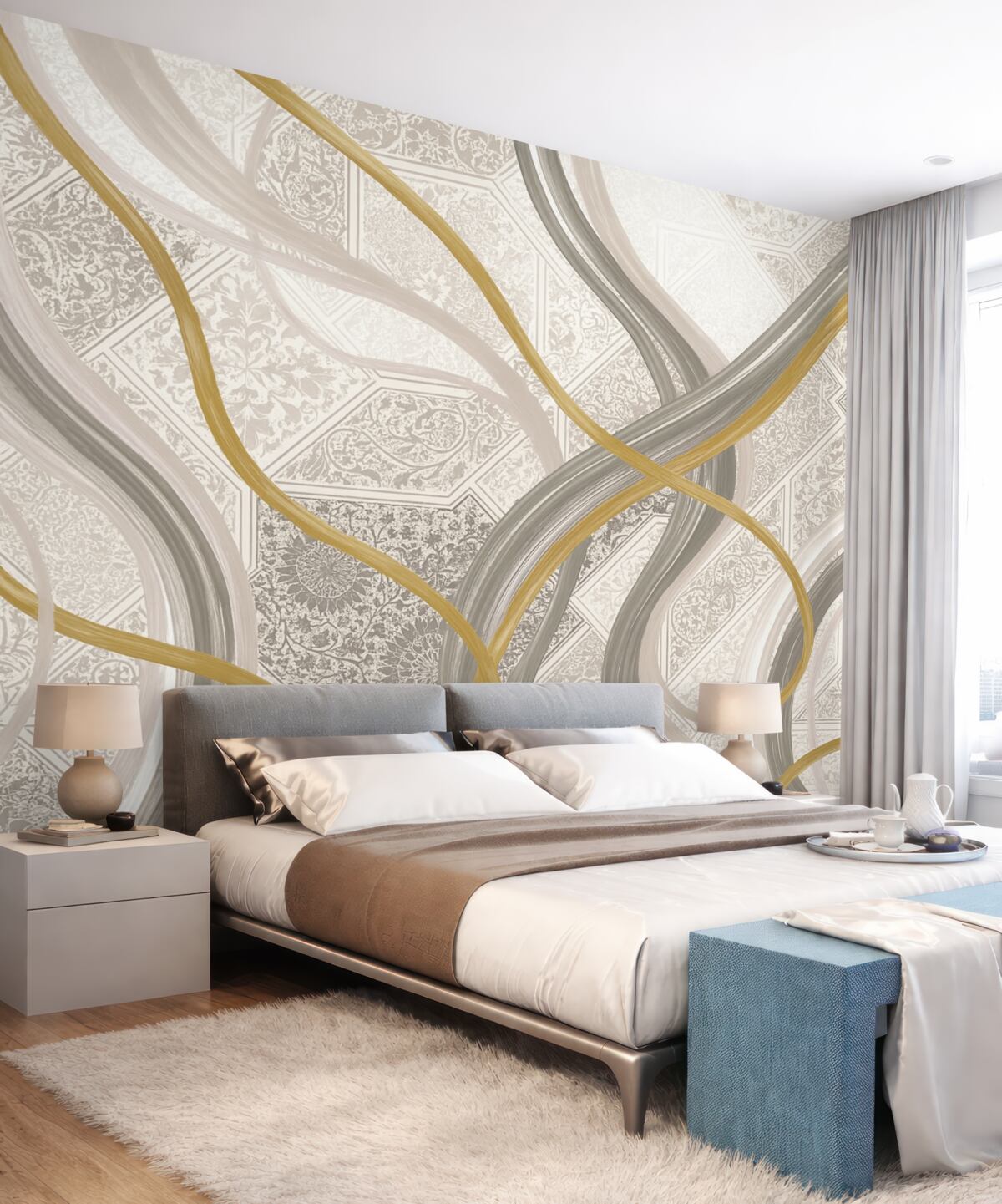 Fototapeta Abstrakcyjny obrazek z geometrycznymi motywami oraz krzywymi liniami w odcieniach beżu, szarości i żółci.