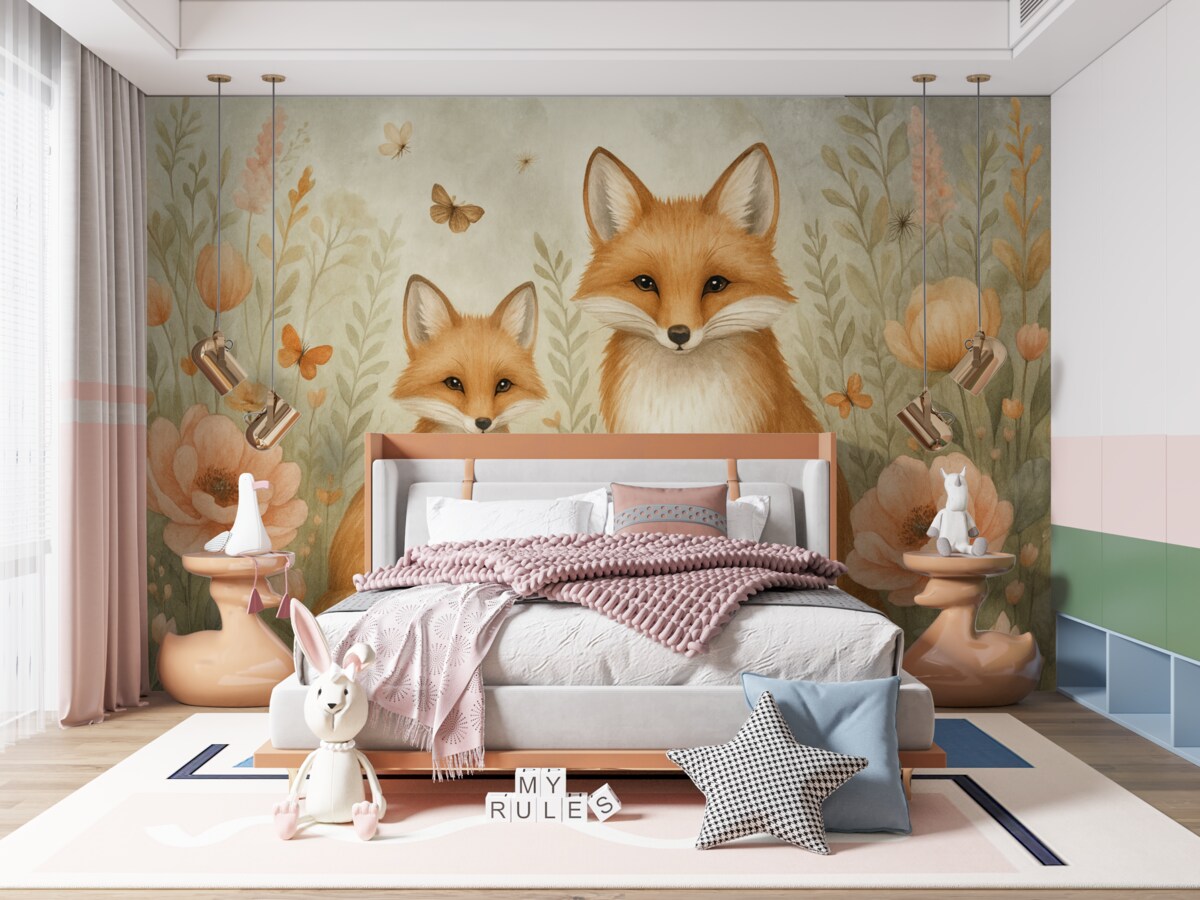 Fototapeta Dwa lisy wśród kwiatów, naśladujący akwarelę.