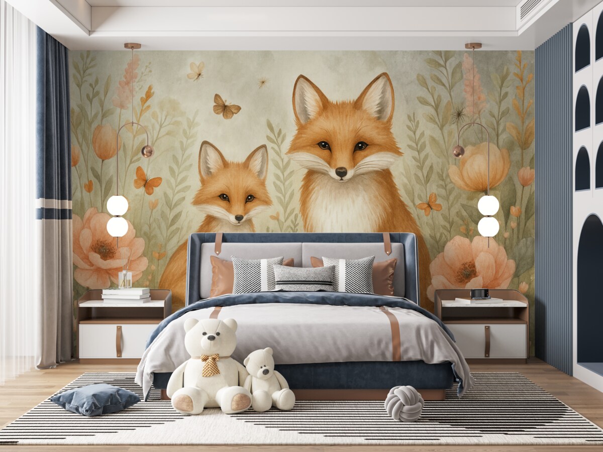 Fototapeta Dwa lisy wśród kwiatów, naśladujący akwarelę.