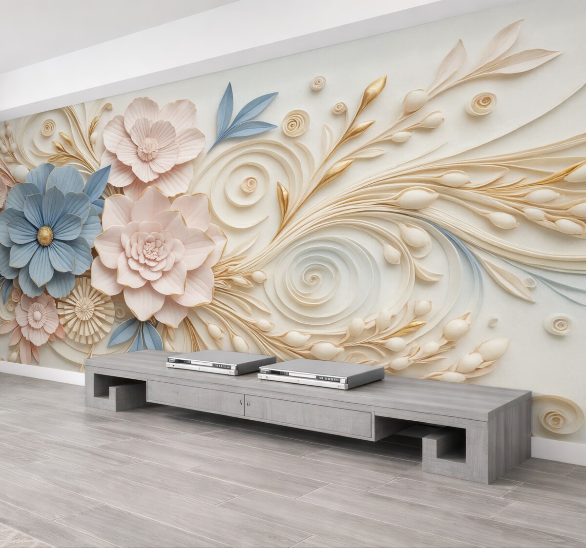 Fototapeta Subtelna kompozycja kwiatowa w tonacjach różu i błękitu z gładkim reliefowym tłem.