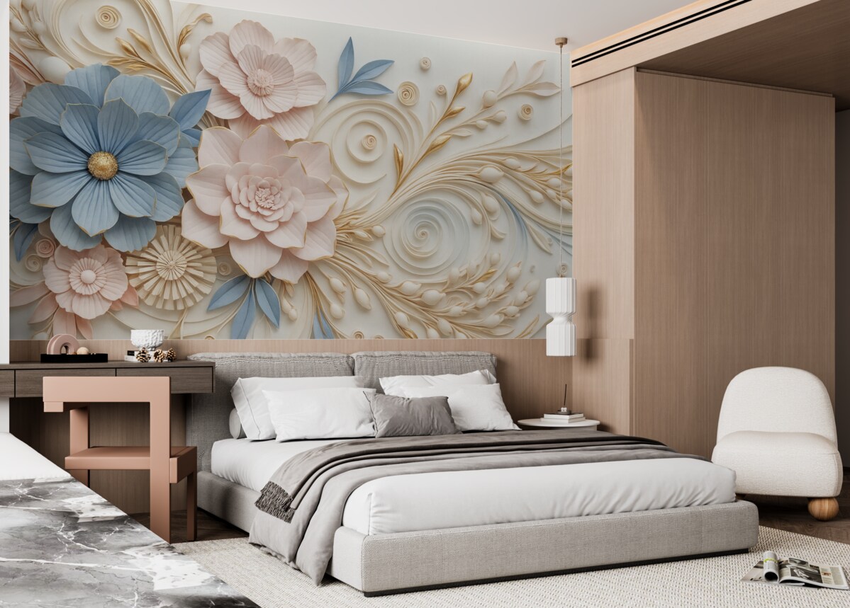 Fototapeta Subtelna kompozycja kwiatowa w tonacjach różu i błękitu z gładkim reliefowym tłem.