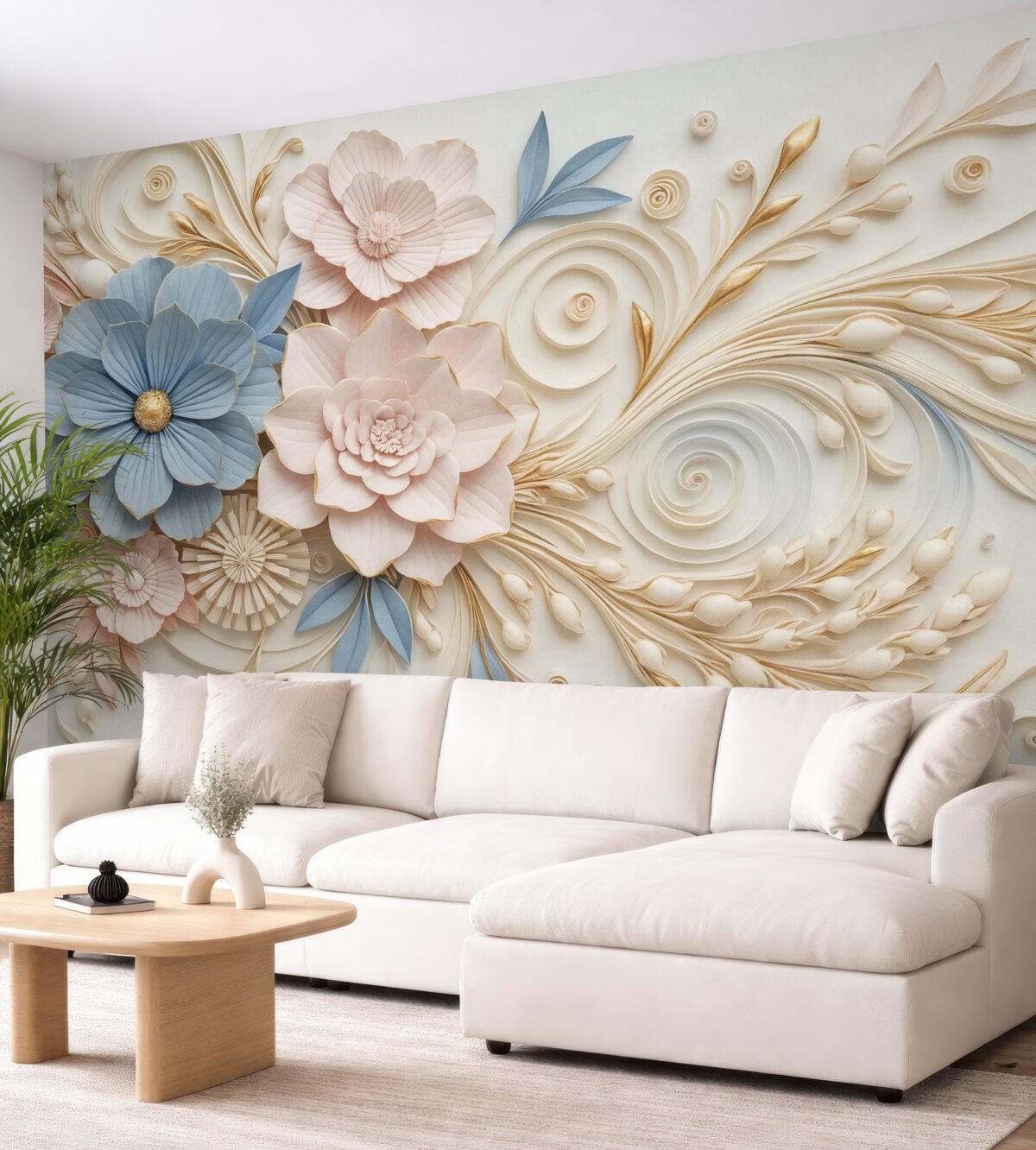 Fototapeta Subtelna kompozycja kwiatowa w tonacjach różu i błękitu z gładkim reliefowym tłem.