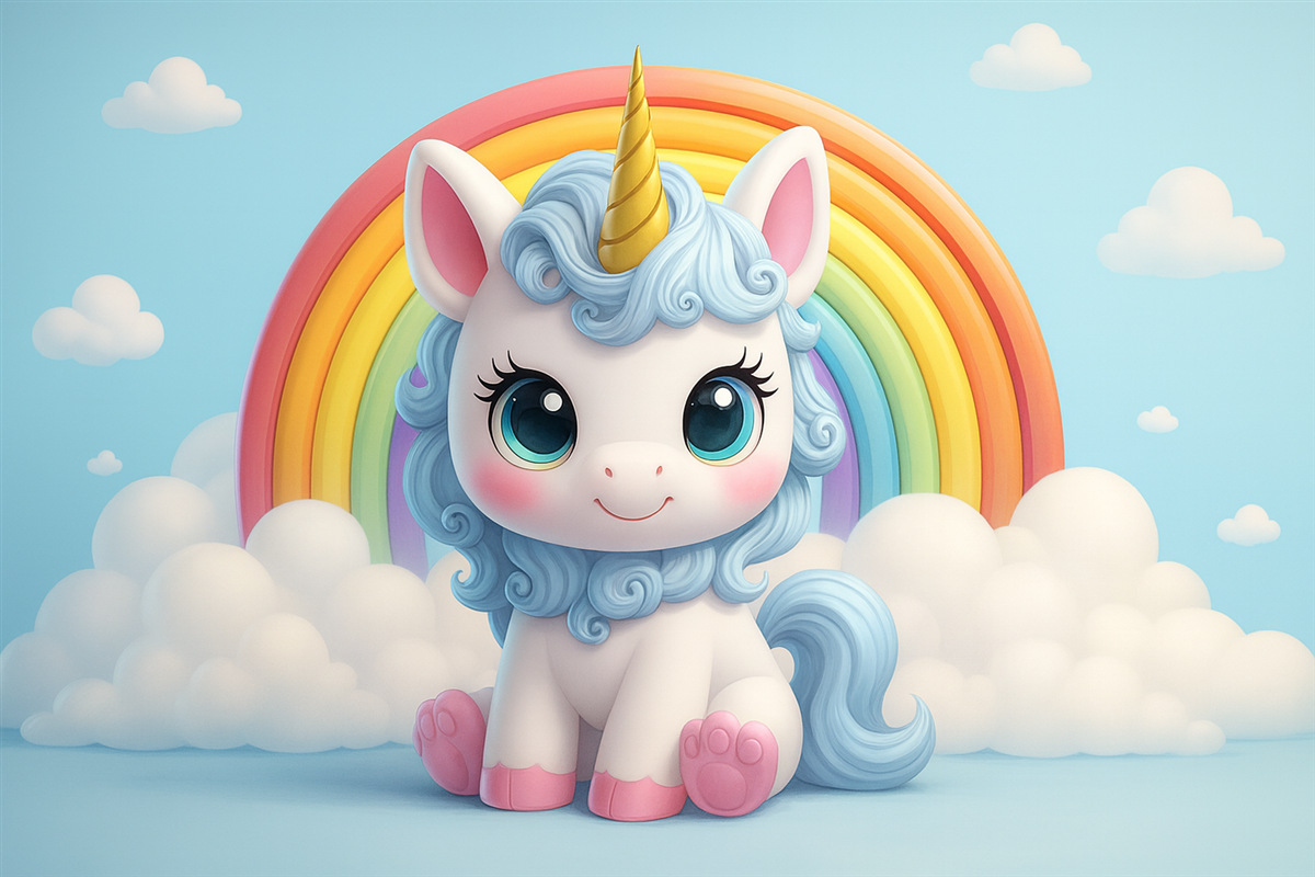 Fototapeta Cudowny jednorożec 3D otoczony chmurami i kolorową tęczą.