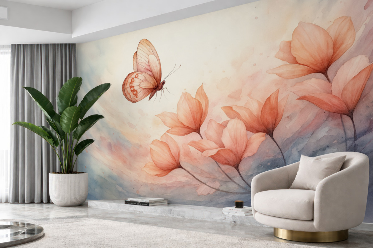 Fototapeta Subtelne maki z motylem w technice akwarelowej.