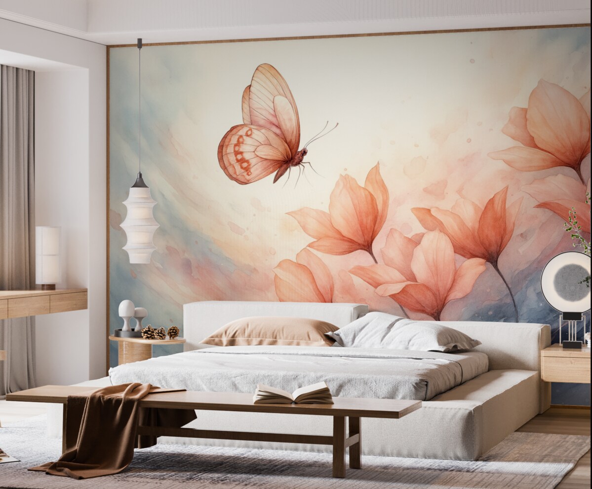 Fototapeta Subtelne maki z motylem w technice akwarelowej.