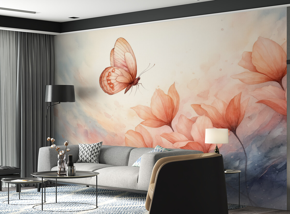 Fototapeta Subtelne maki z motylem w technice akwarelowej.