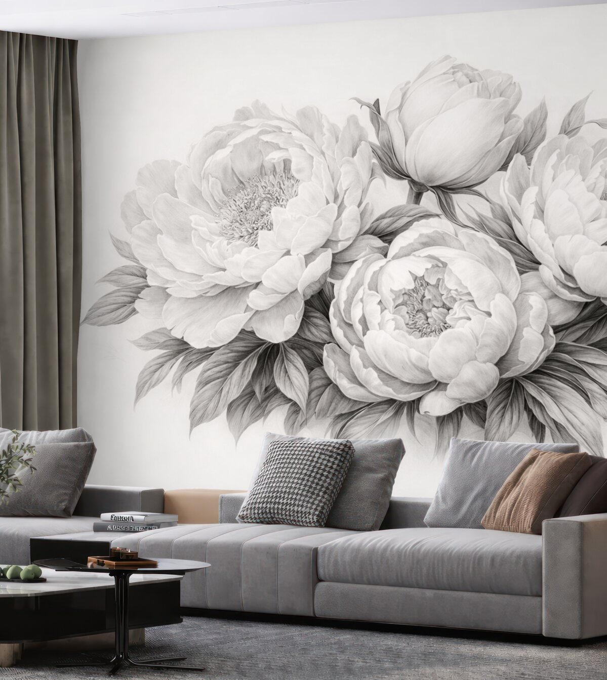 Fototapeta Czarno-białe piwonie w stylu rysunku grafitem.