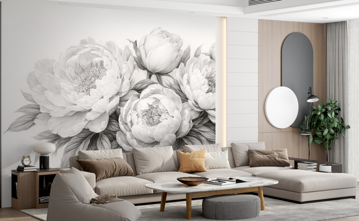 Fototapeta Czarno-białe piwonie w stylu rysunku grafitem.