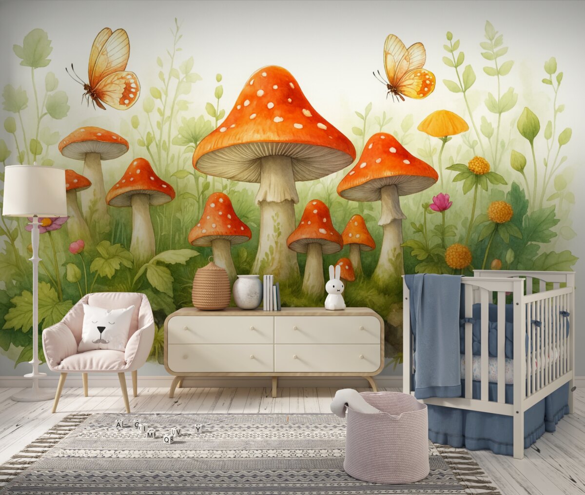 Fototapeta Leśny pejzaż na białym tle w stylu akwarelowym z grzybami, żabami i motylami.