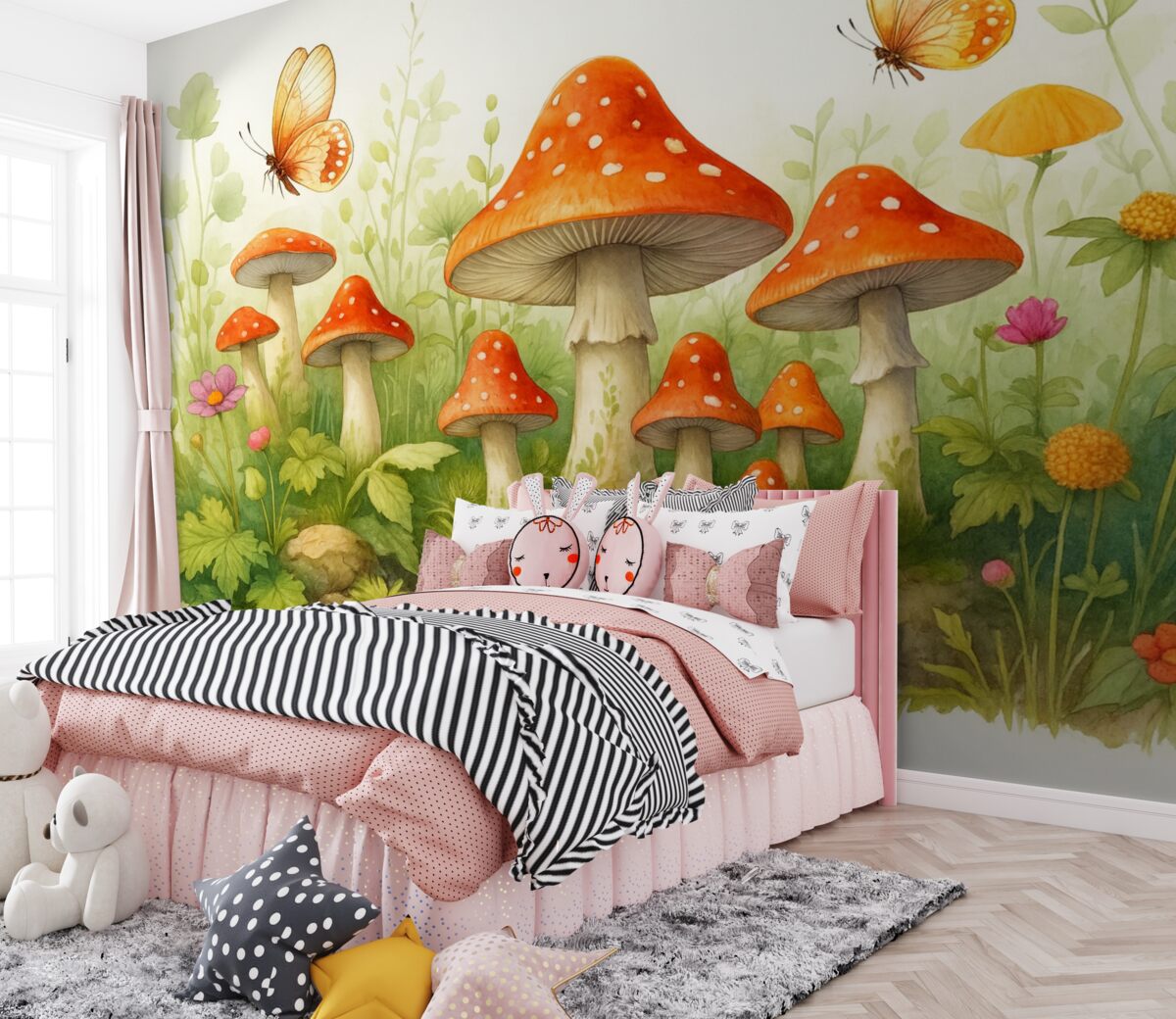 Fototapeta Leśny pejzaż na białym tle w stylu akwarelowym z grzybami, żabami i motylami.