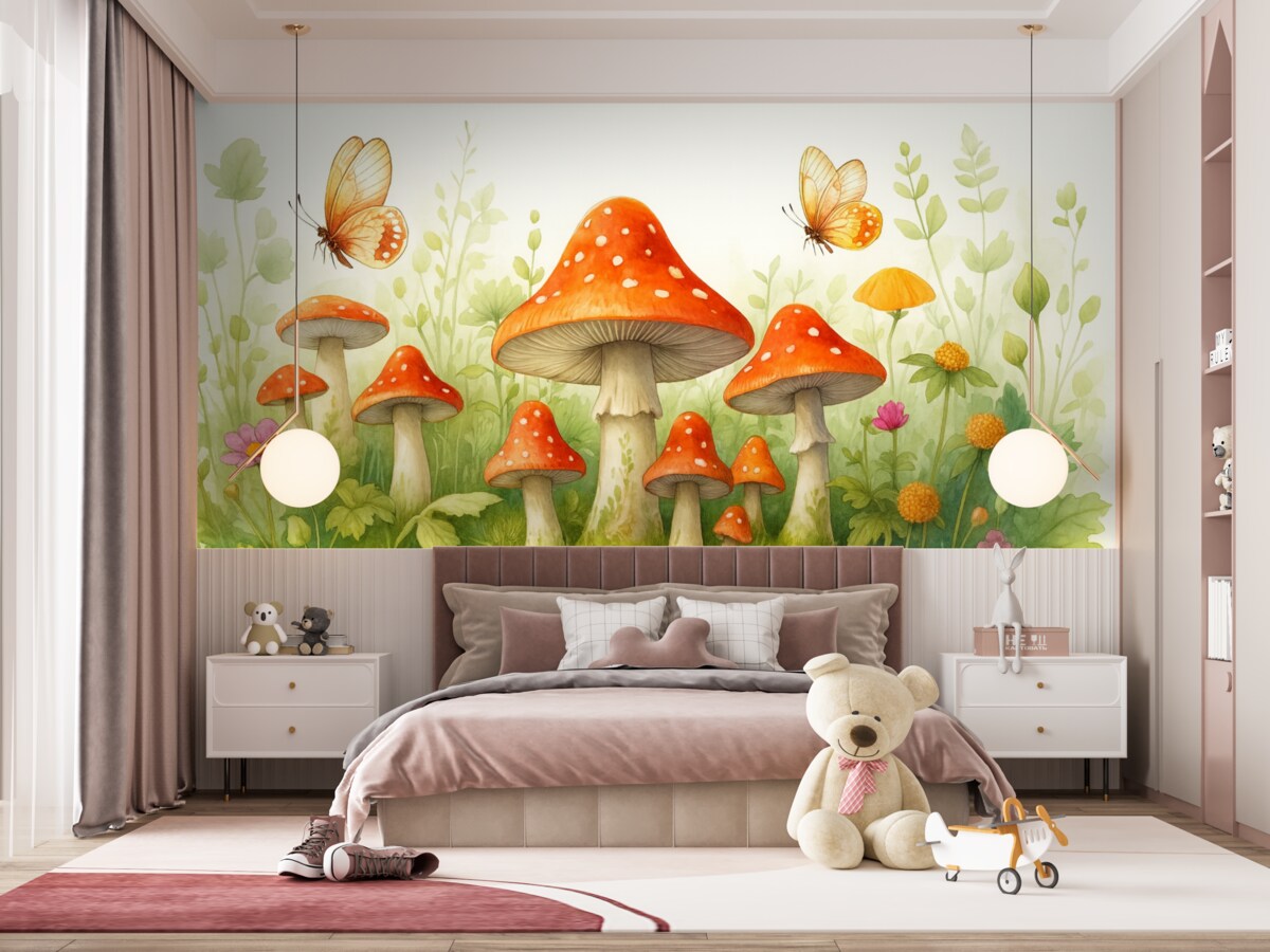 Fototapeta Leśny pejzaż na białym tle w stylu akwarelowym z grzybami, żabami i motylami.