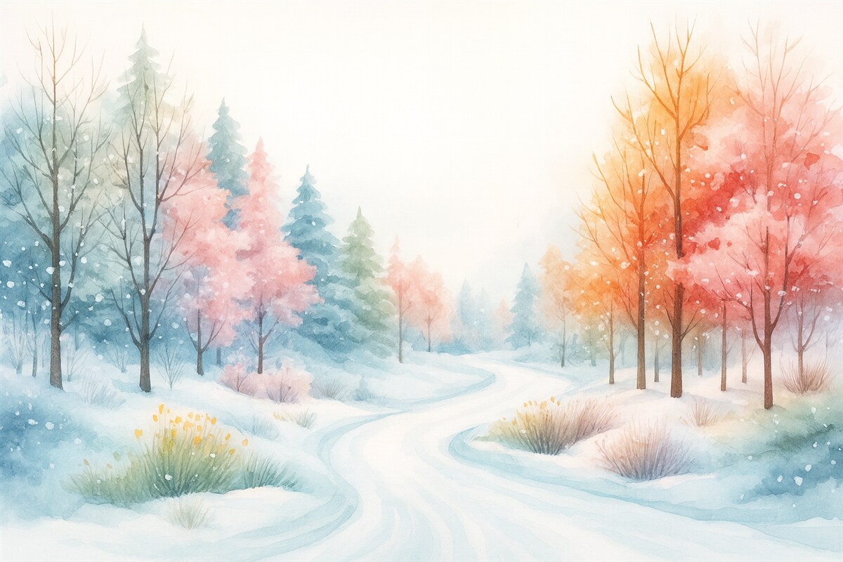 Fototapeta Zimowy las pełen życia w akwarelowym stylu.