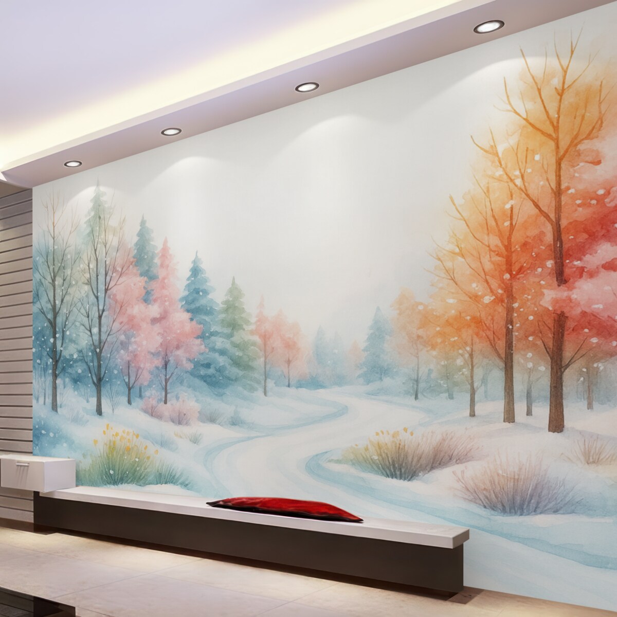 Fototapeta Zimowy las pełen życia w akwarelowym stylu.