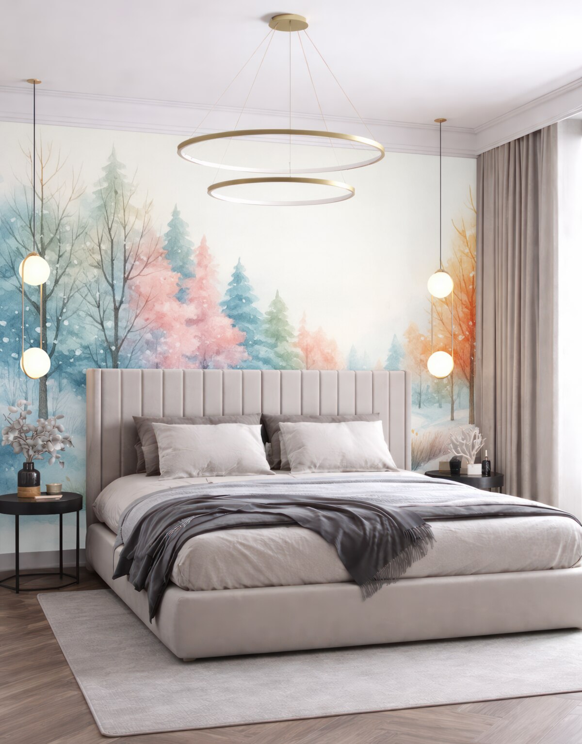 Fototapeta Zimowy las pełen życia w akwarelowym stylu.