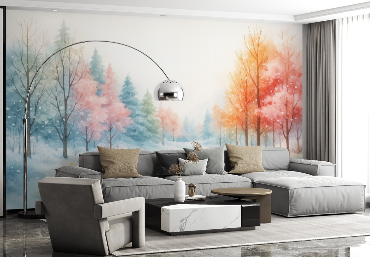 Fototapeta Zimowy las pełen życia w akwarelowym stylu.