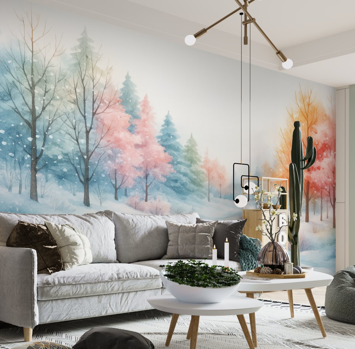 Fototapeta Zimowy las pełen życia w akwarelowym stylu.