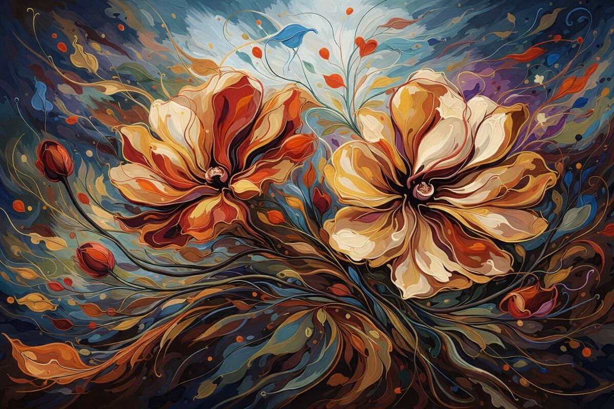 Fototapeta Wielkie abstrakcyjne kwiaty w odcieniach żółtym i pomarańczowym.