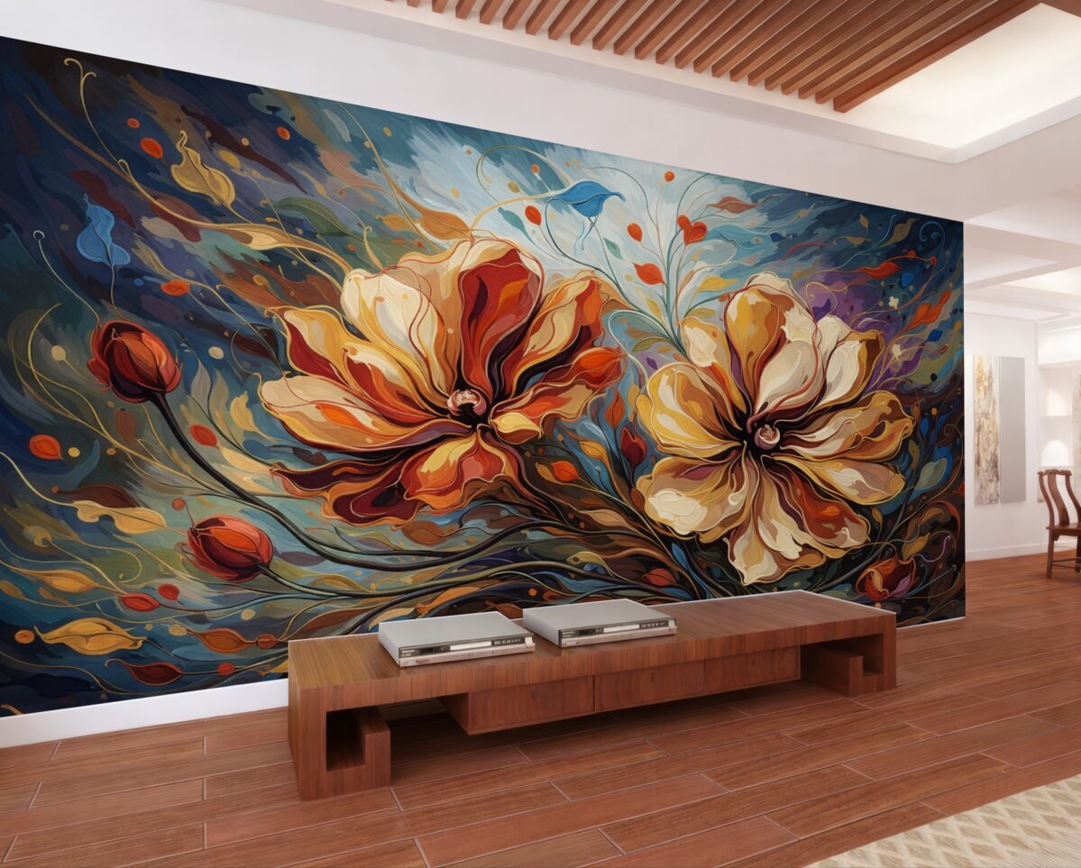 Fototapeta Wielkie abstrakcyjne kwiaty w odcieniach żółtym i pomarańczowym.