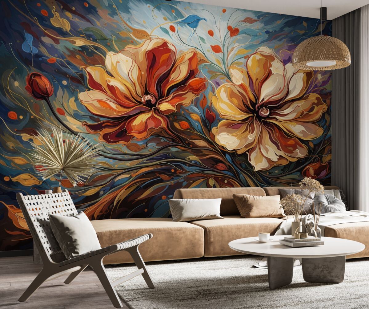 Fototapeta Wielkie abstrakcyjne kwiaty w odcieniach żółtym i pomarańczowym.