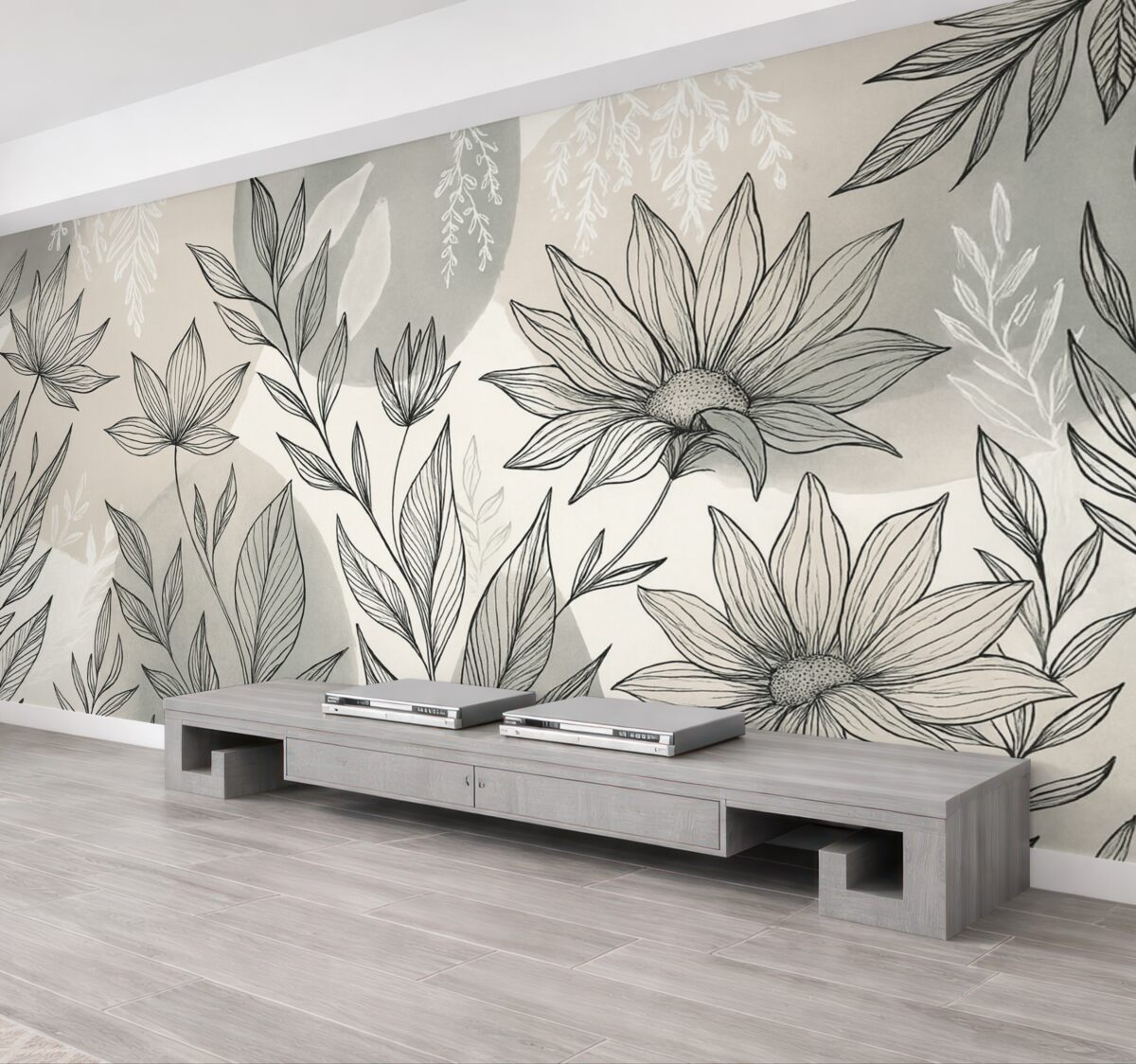 Fototapeta Kwiatowa ilustracja liniowa z dużymi liśćmi i kwiatami na tle beżowych oraz niebieskich farb akwarelowych.