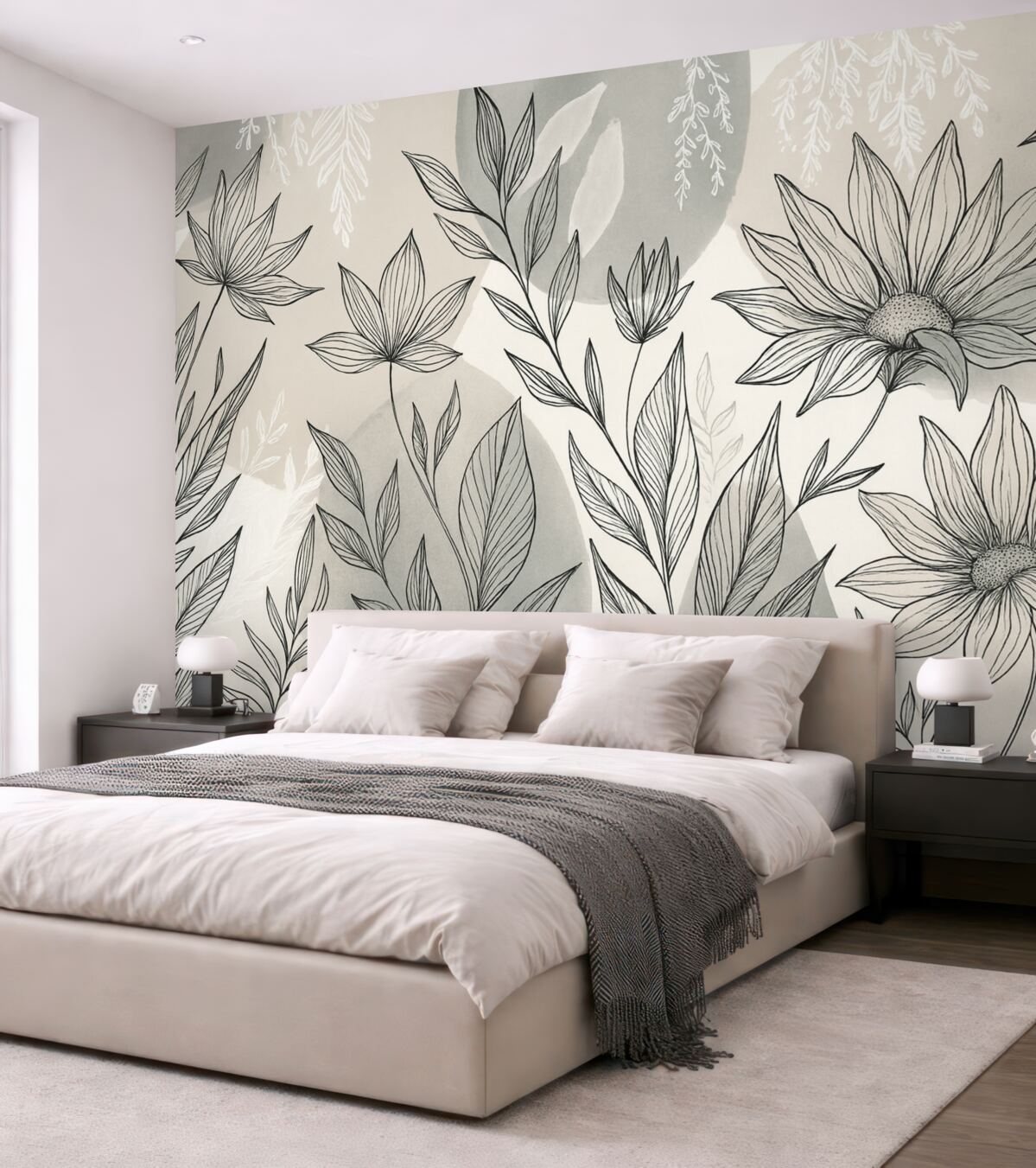 Fototapeta Kwiatowa ilustracja liniowa z dużymi liśćmi i kwiatami na tle beżowych oraz niebieskich farb akwarelowych.