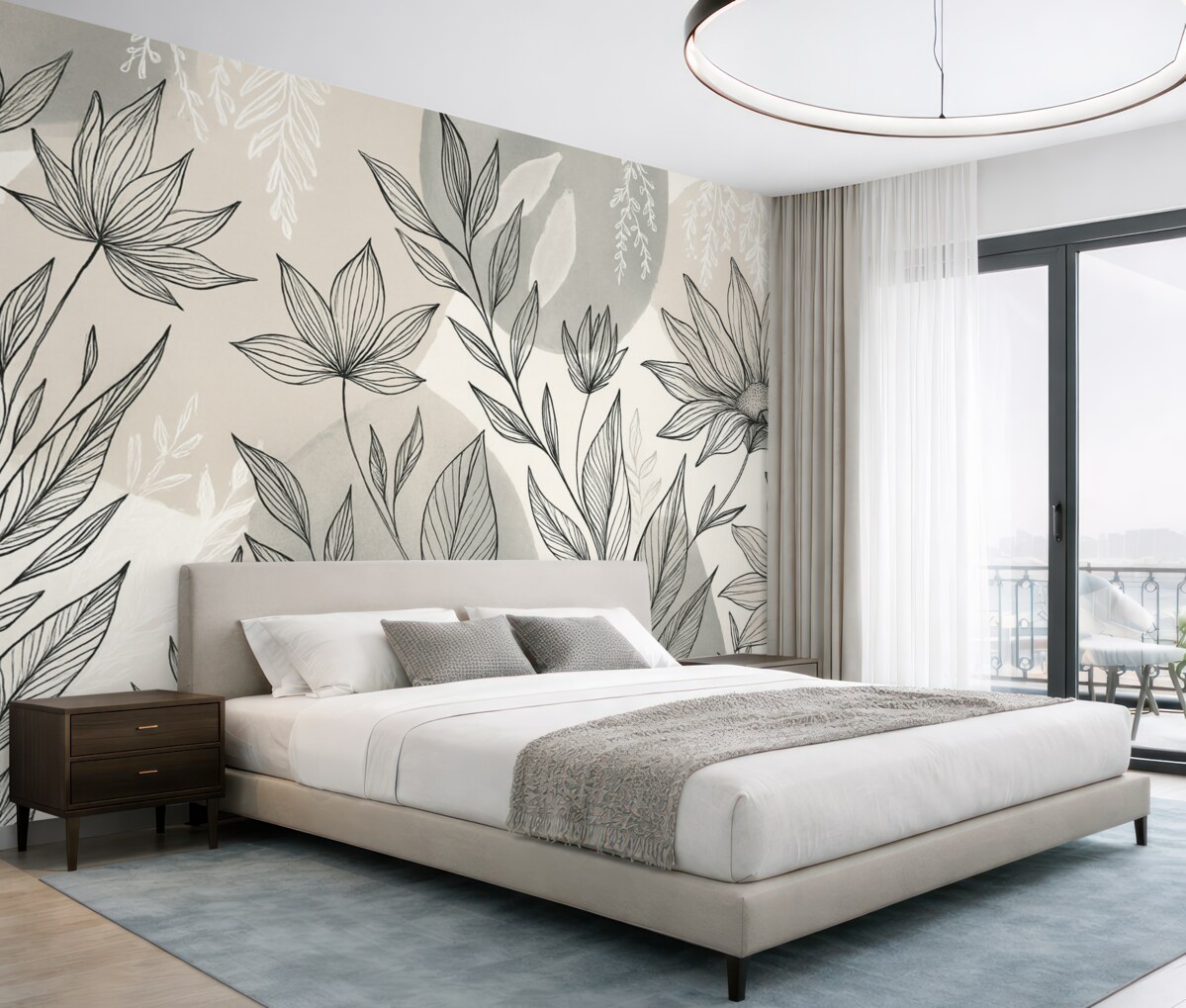 Fototapeta Kwiatowa ilustracja liniowa z dużymi liśćmi i kwiatami na tle beżowych oraz niebieskich farb akwarelowych.