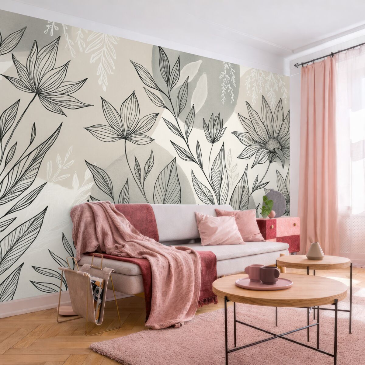 Fototapeta Kwiatowa ilustracja liniowa z dużymi liśćmi i kwiatami na tle beżowych oraz niebieskich farb akwarelowych.