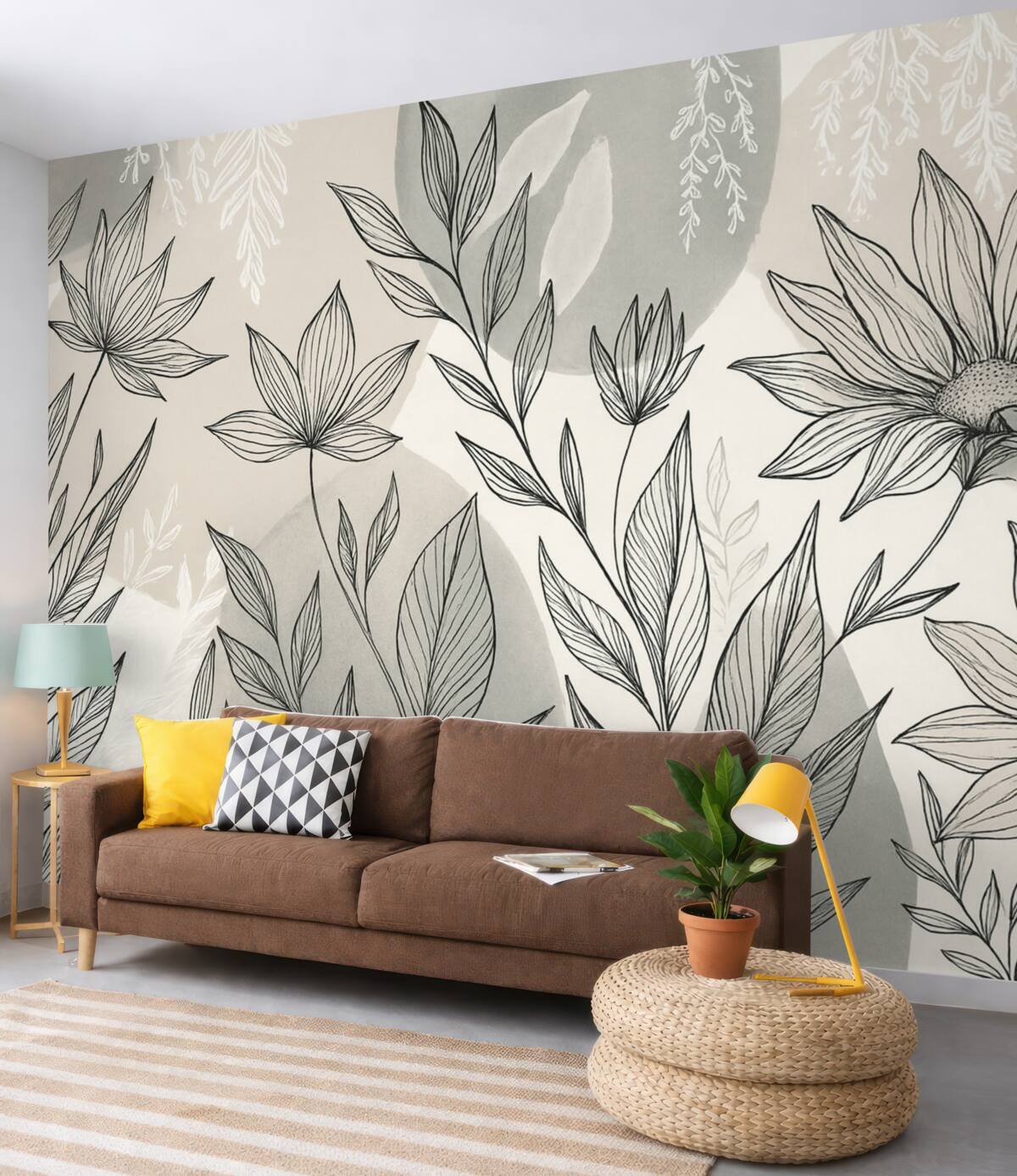 Fototapeta Kwiatowa ilustracja liniowa z dużymi liśćmi i kwiatami na tle beżowych oraz niebieskich farb akwarelowych.