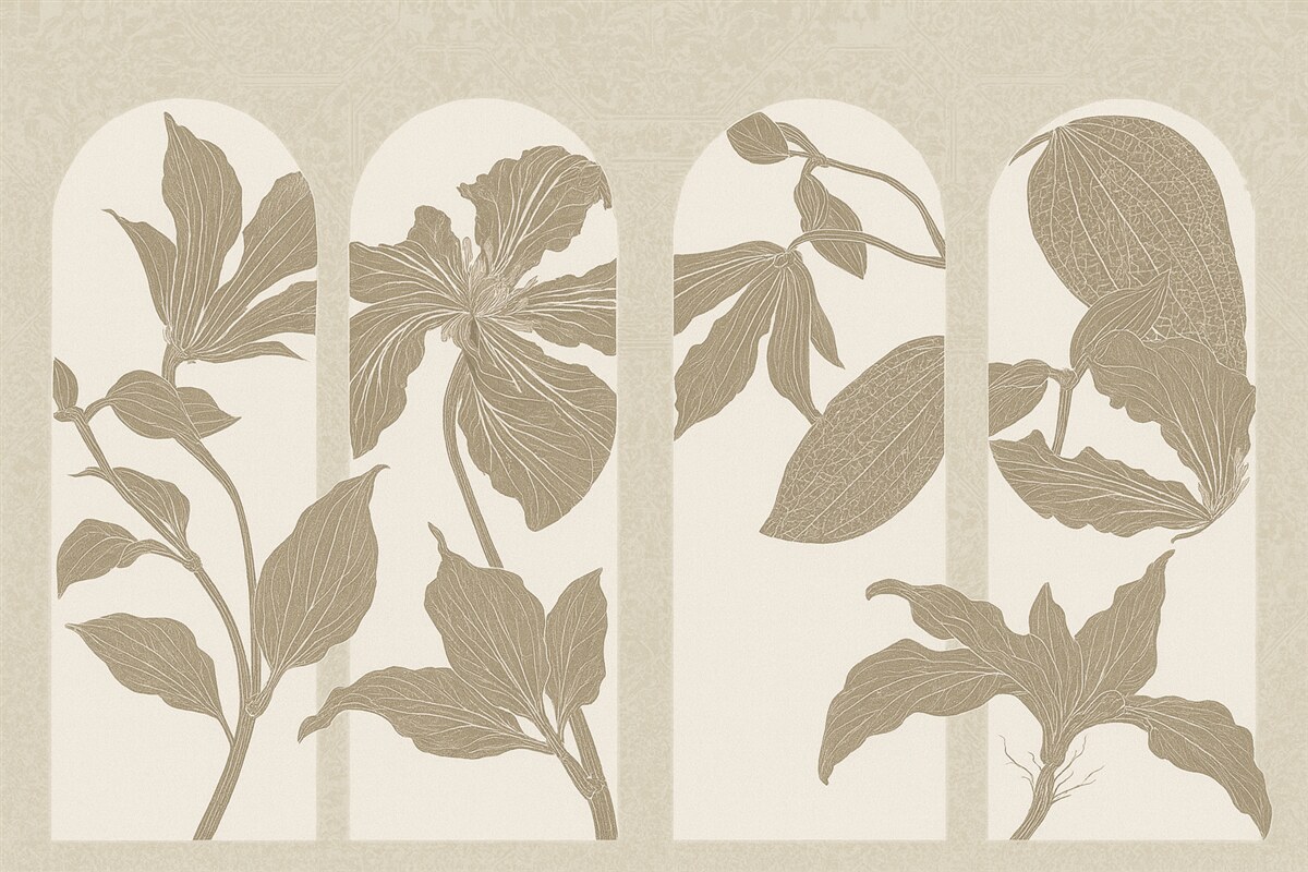 Fototapeta Stylowe łuki z florystycznymi motywami w odcieniach beżu i bieli, na fakturowanym beżowym tle, minimalistyczna estetyka.