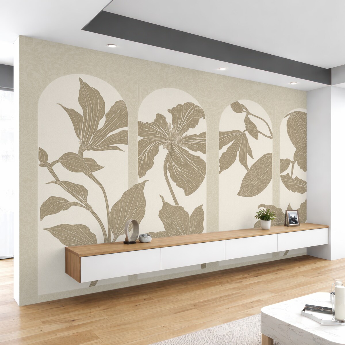 Fototapeta Stylowe łuki z florystycznymi motywami w odcieniach beżu i bieli, na fakturowanym beżowym tle, minimalistyczna estetyka.